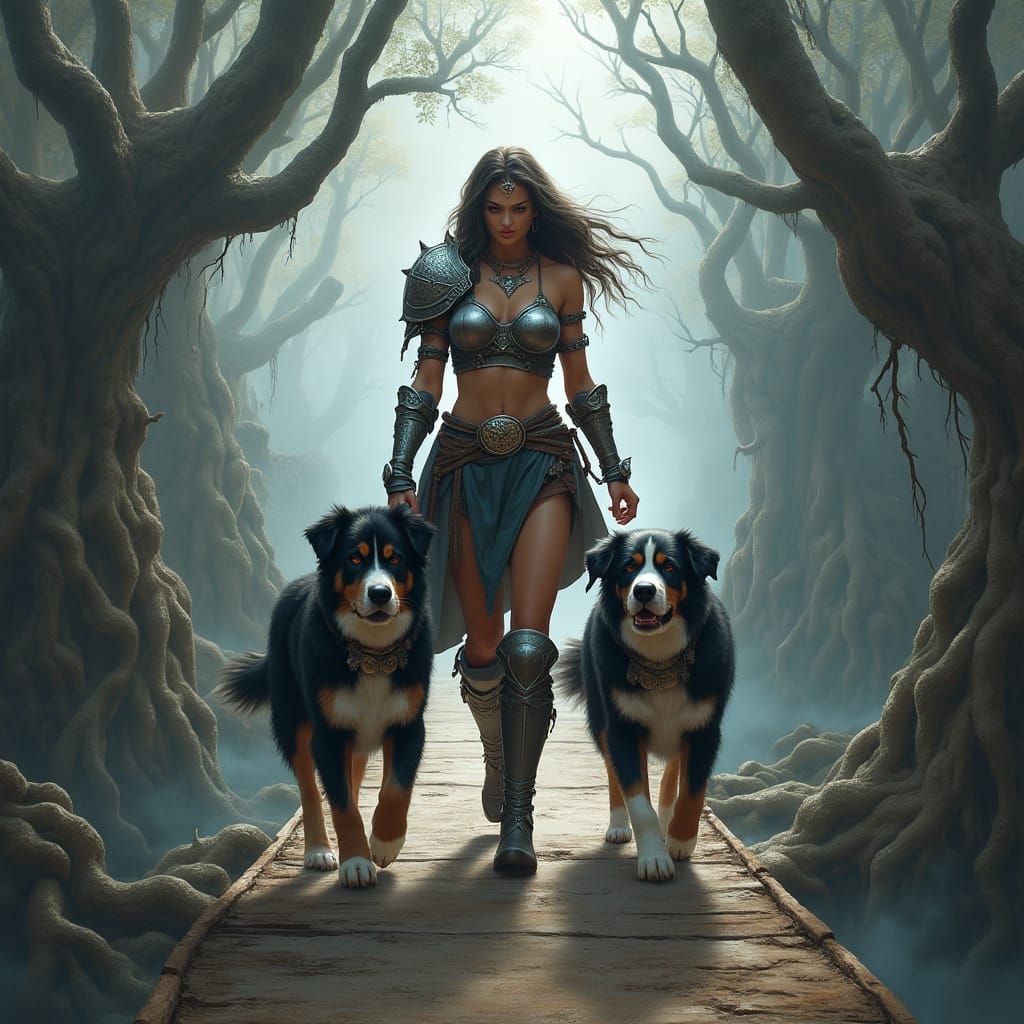 Warrior Woman Walks Towards You on Weathered Bridge with Loy...