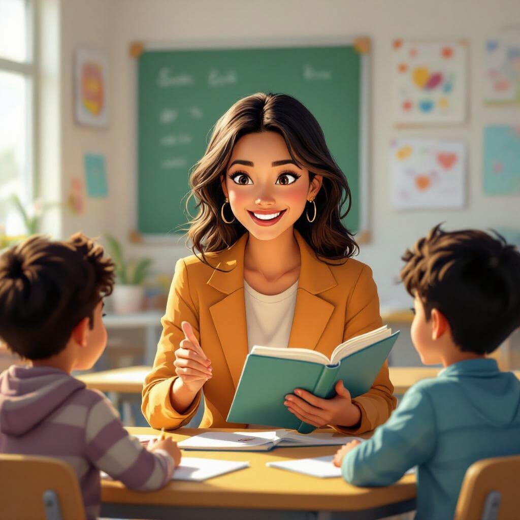 Teacher with Sons in Bright Classroom