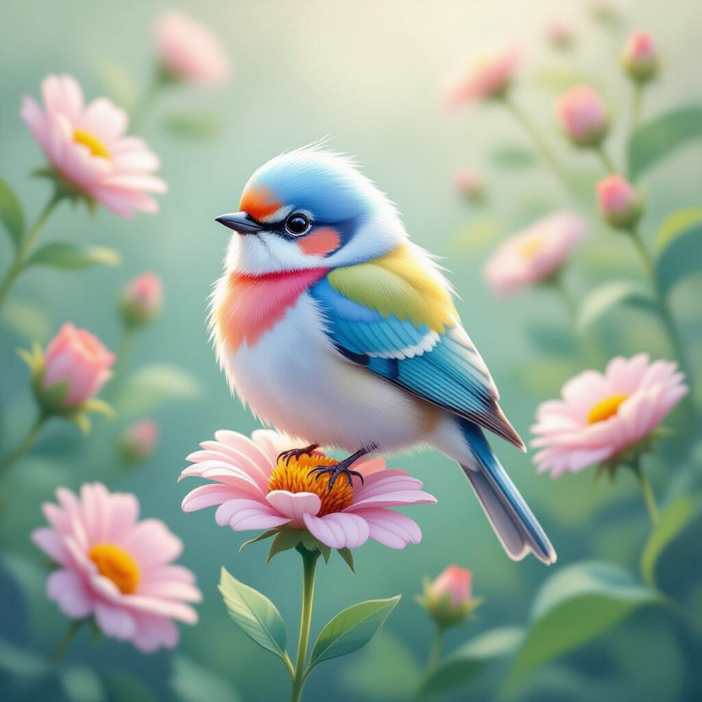 Colorful Bird in Whimsical Ethereal Garden