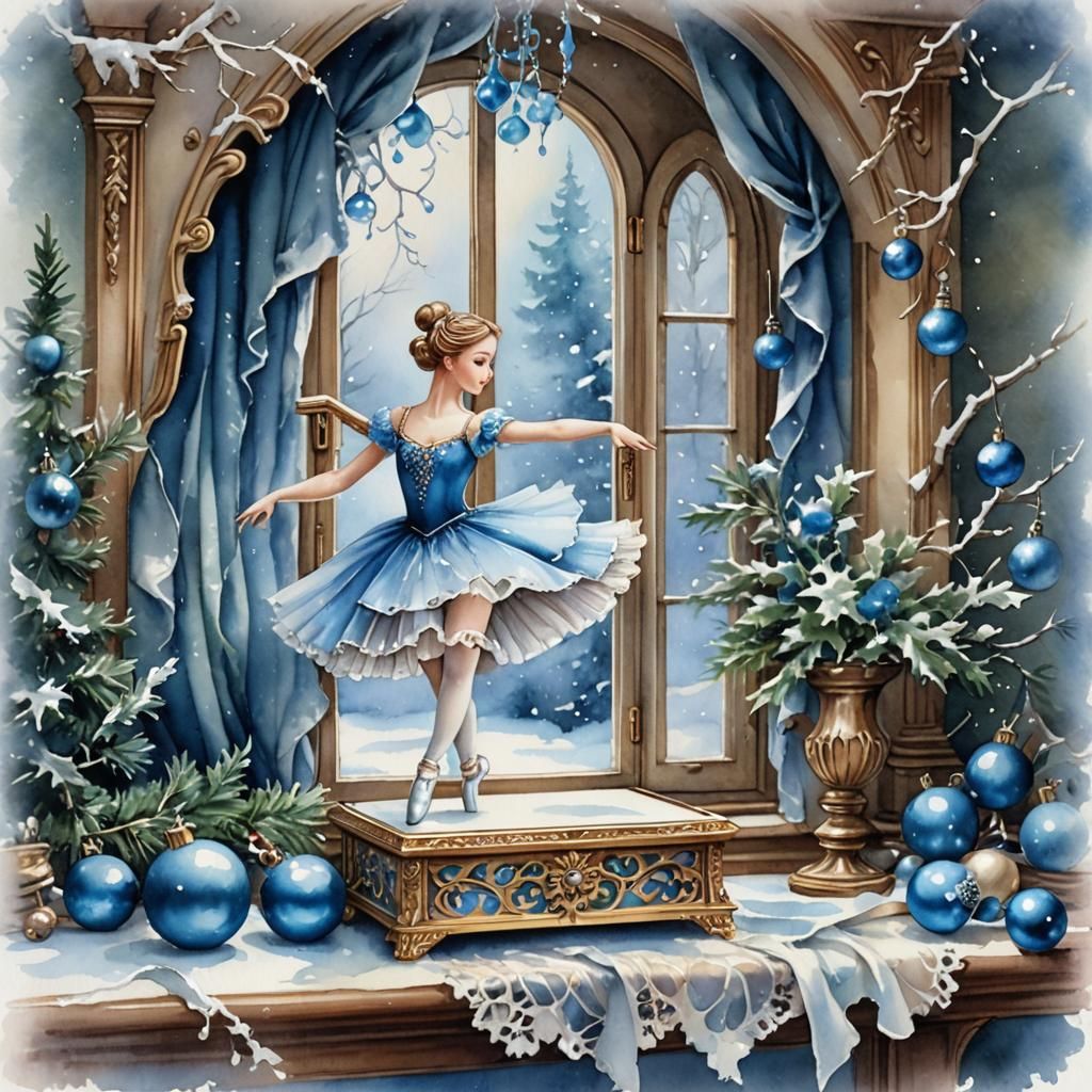 ornate music box with a beautiful dancing ballerina on winter windowsill with blue ornaments, low saturation watercolor ...