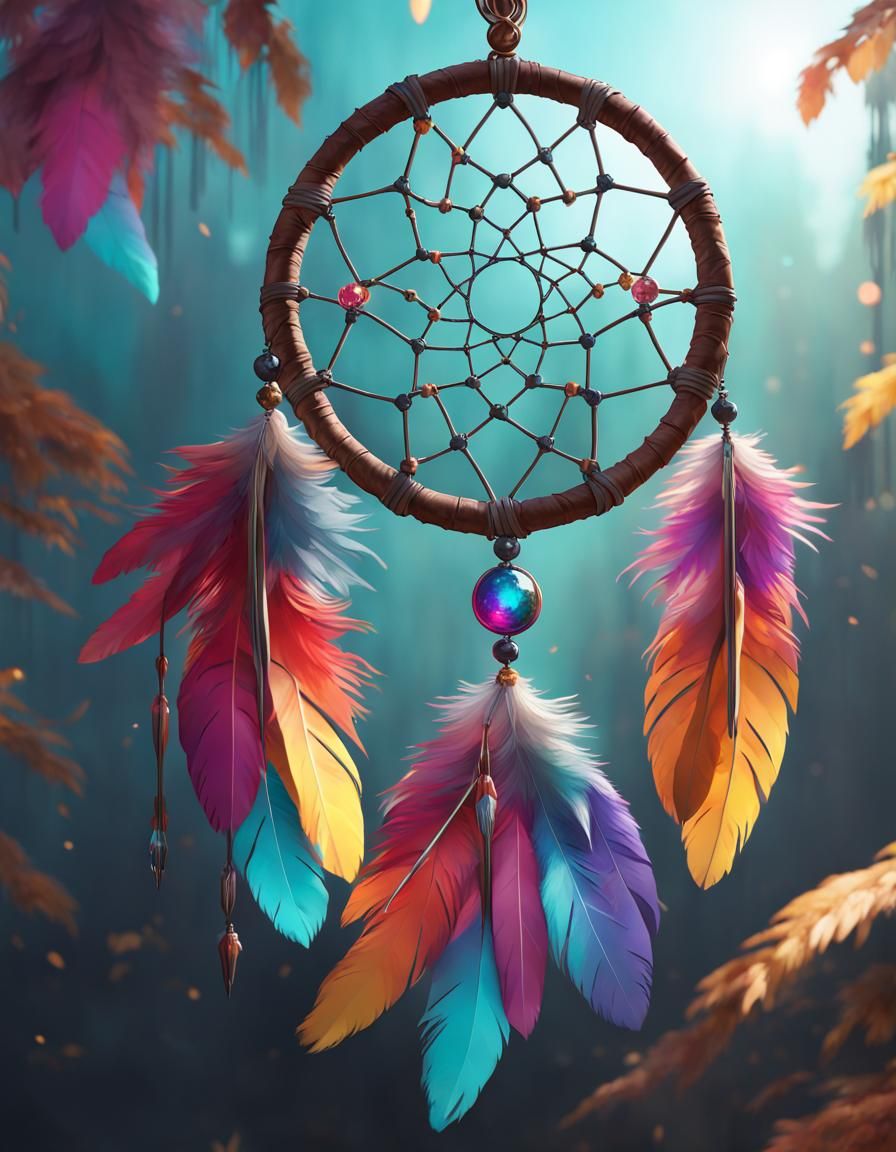 Dreamcatcher with Colorful Feathers, Digital Art