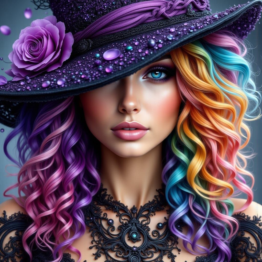 Graceful Lilith with Rainbow Hair and Purple Hat