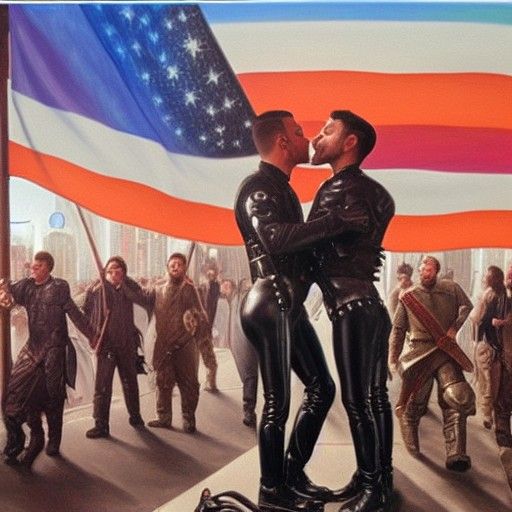 Dystopian Pride Parade: Leather Men Kiss in Futuristic City