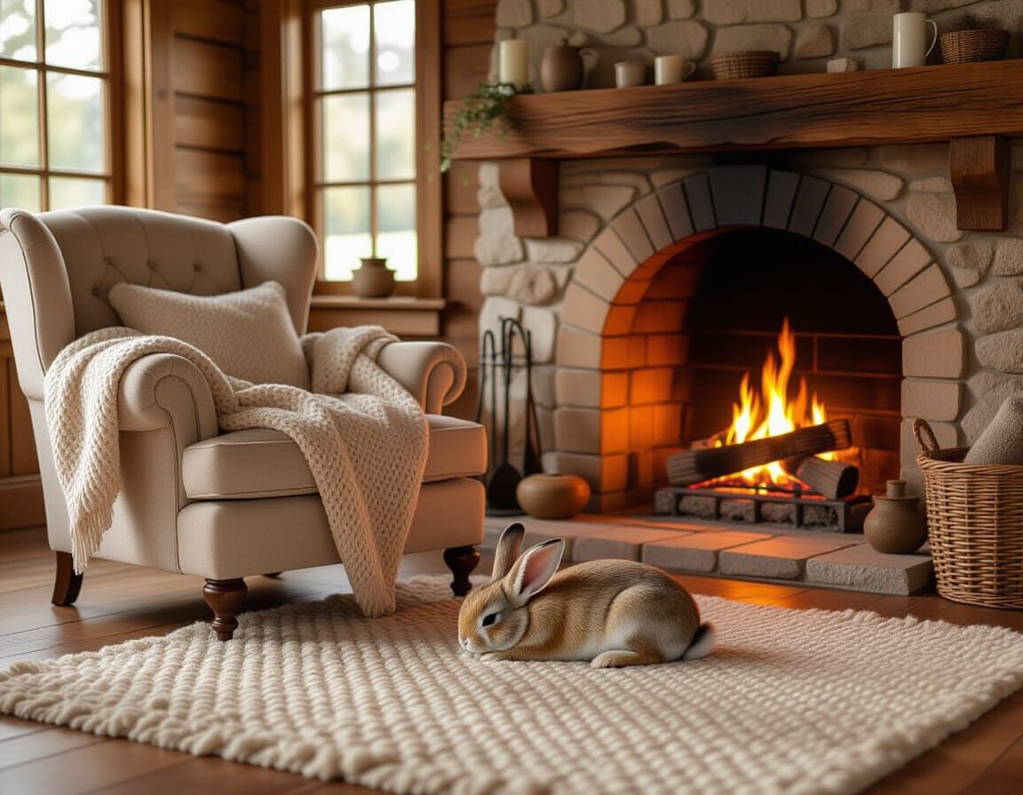 Cozy Sunlit Cottage Interior with Sleeping Bunny