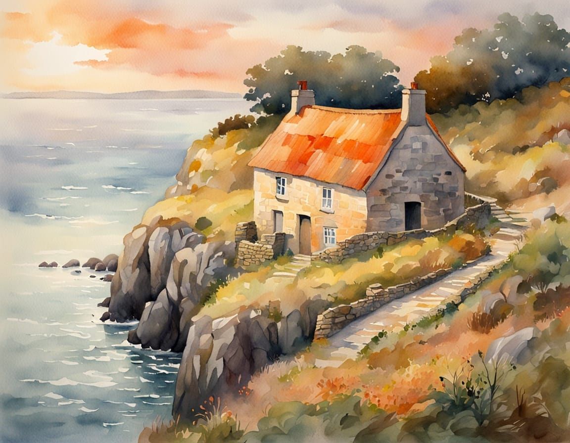 Breton Cottage at Sunset: Impressionist Watercolor