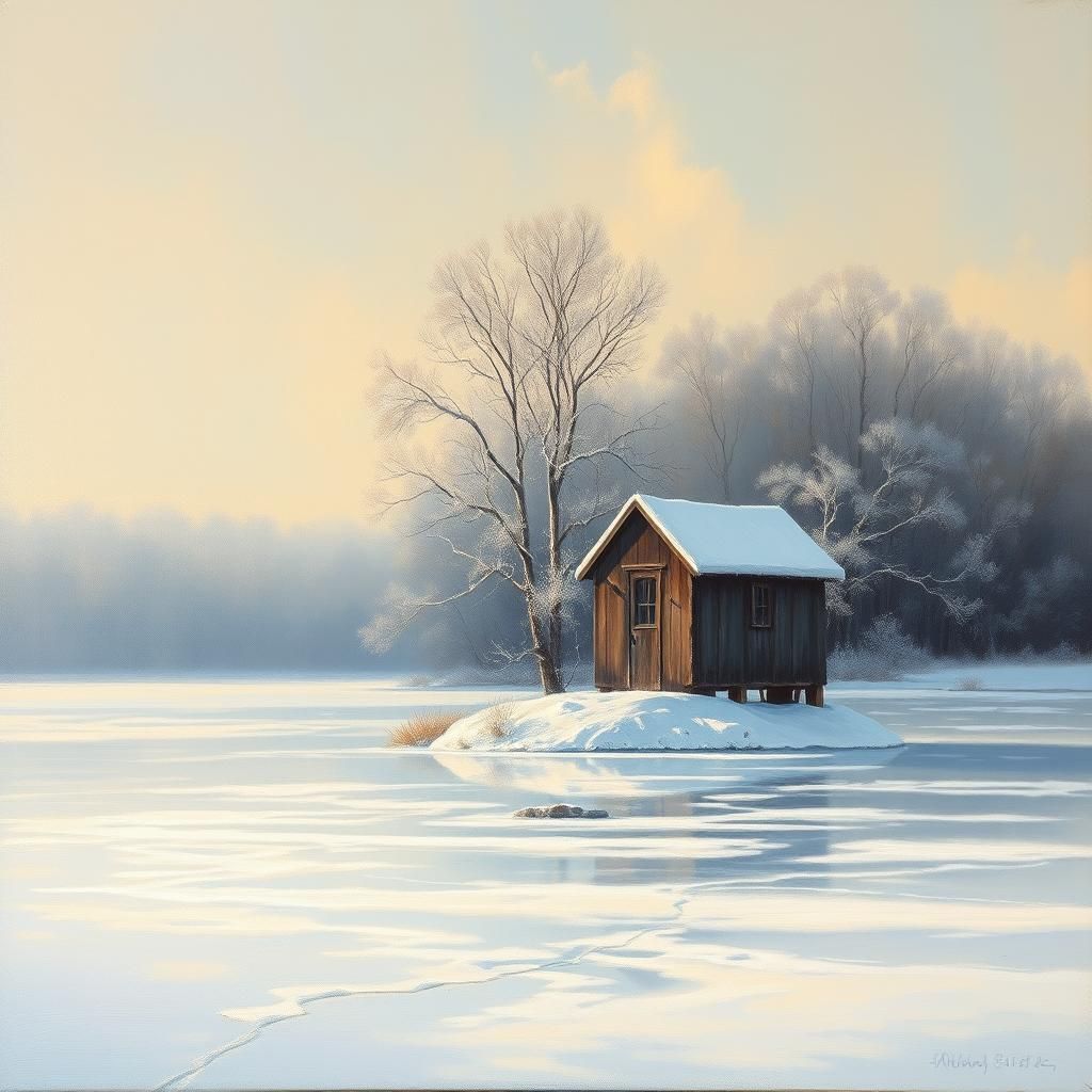Ice House on Frozen Lake in Impressionist Style