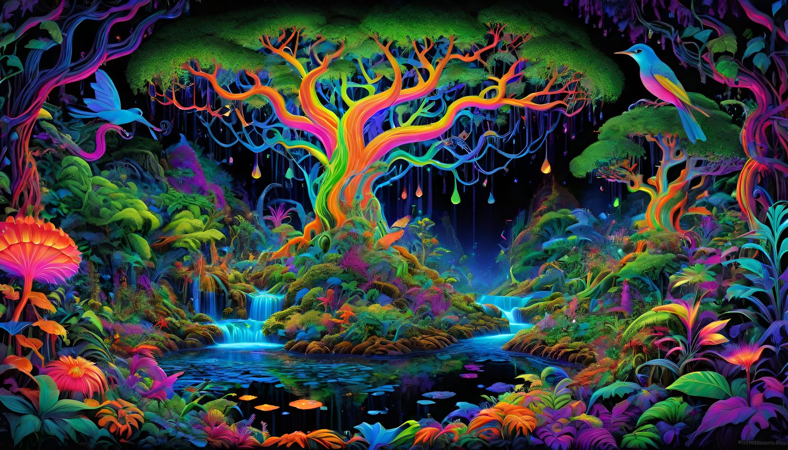 Psychedelic Blacklight Jungle with Mythical Creatures