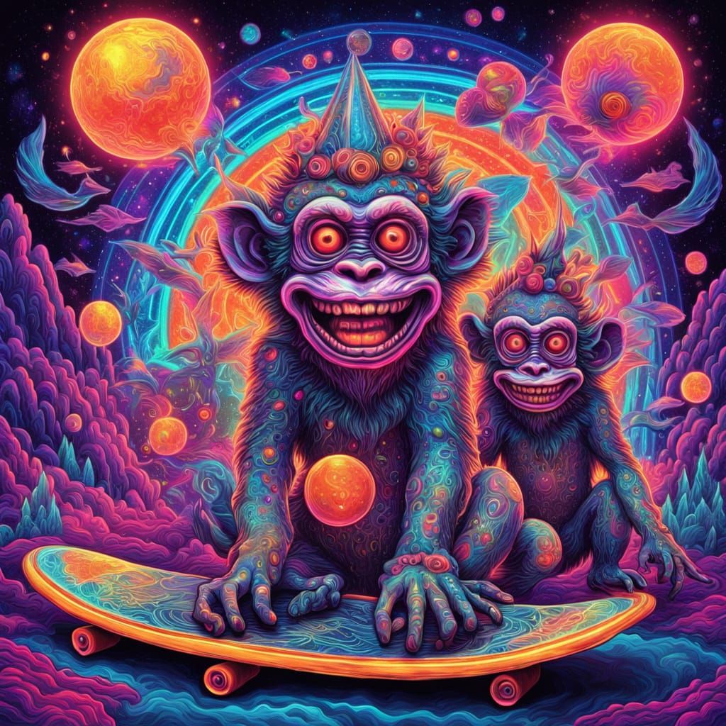 Cosmic Clown Gang in Vibrant Astral Dreamscape