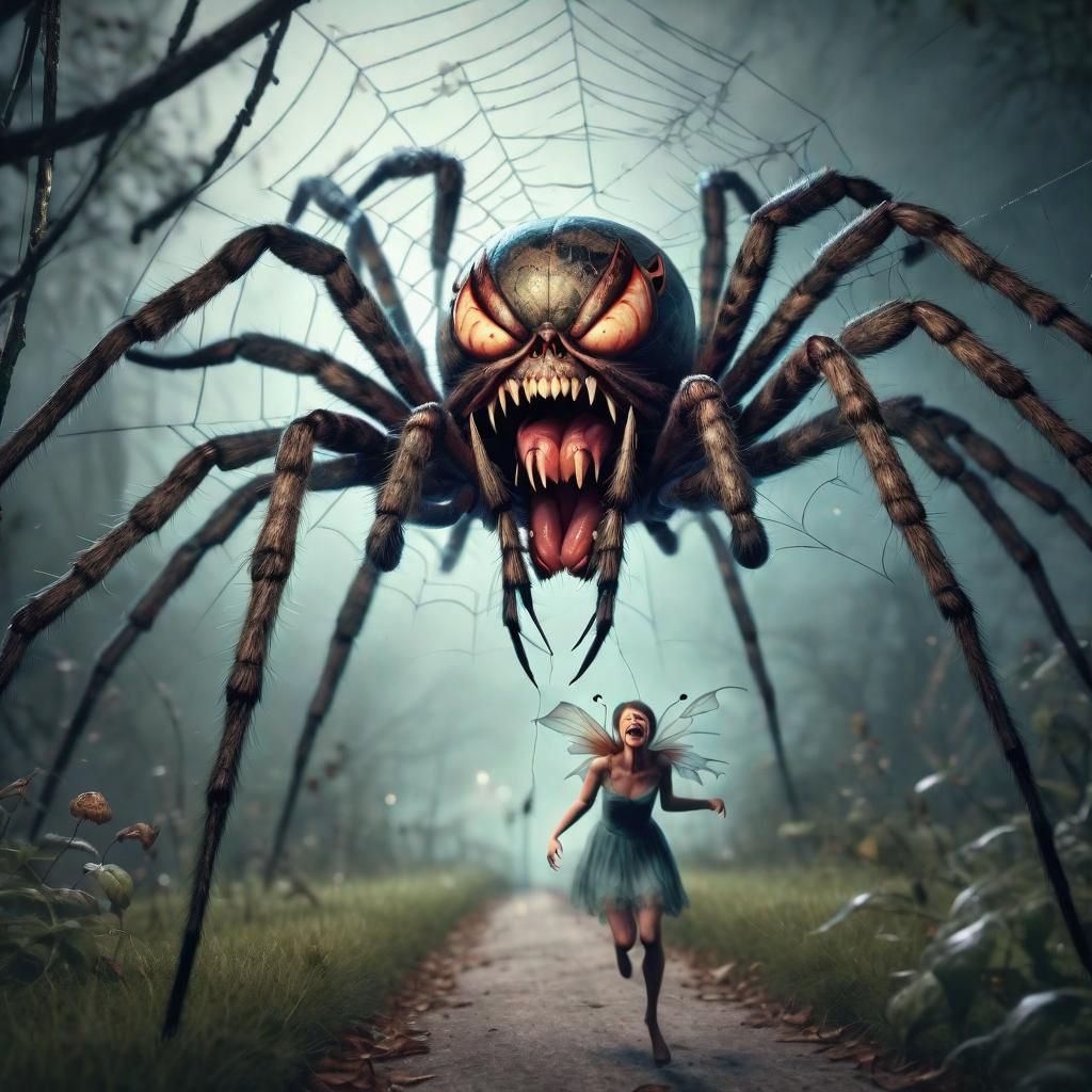 Creepy Spider Descends on Fairy: Digital Illustration