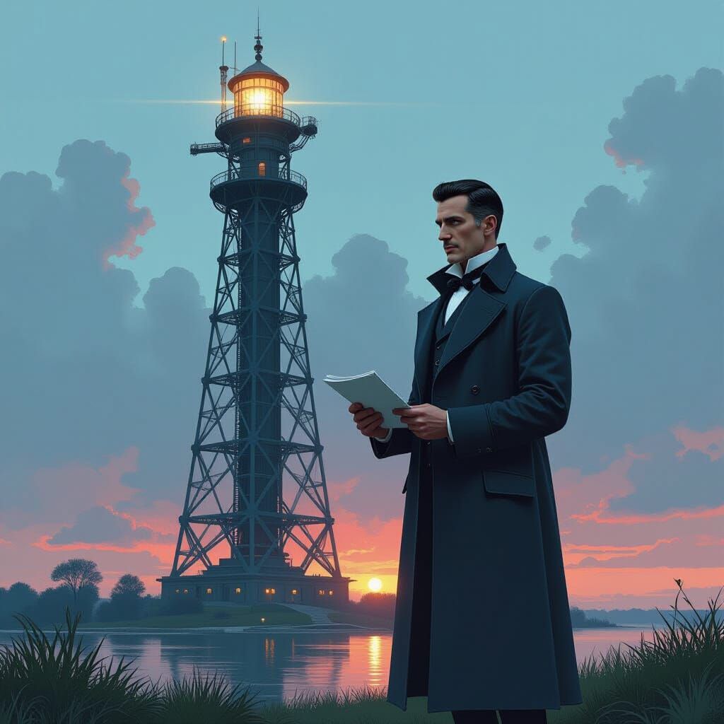 Tesla at Wardenclyffe Tower in Futuristic Style