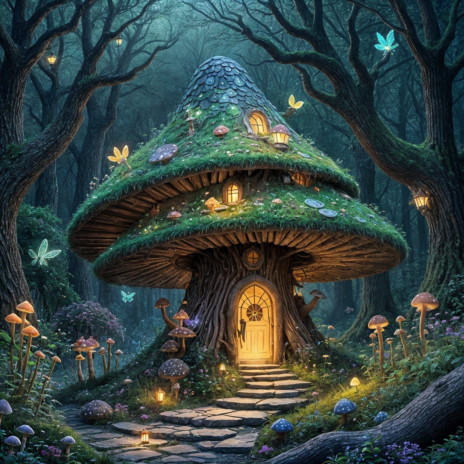 Enchanted Fairy Mushroom House in Bioluminescent Forest