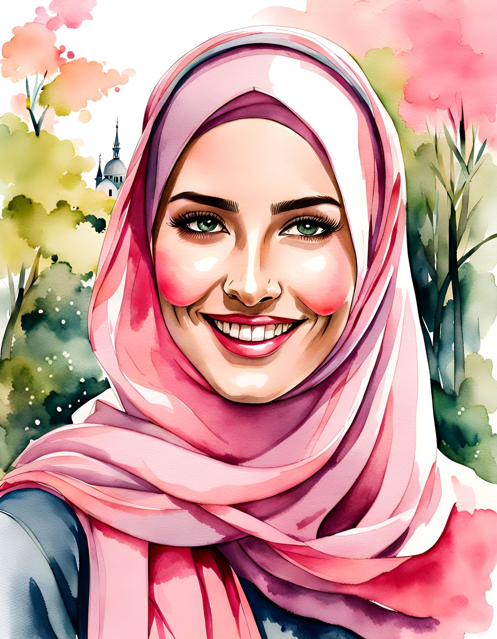 Elegant Woman in Pink Hijab, Watercolor Style