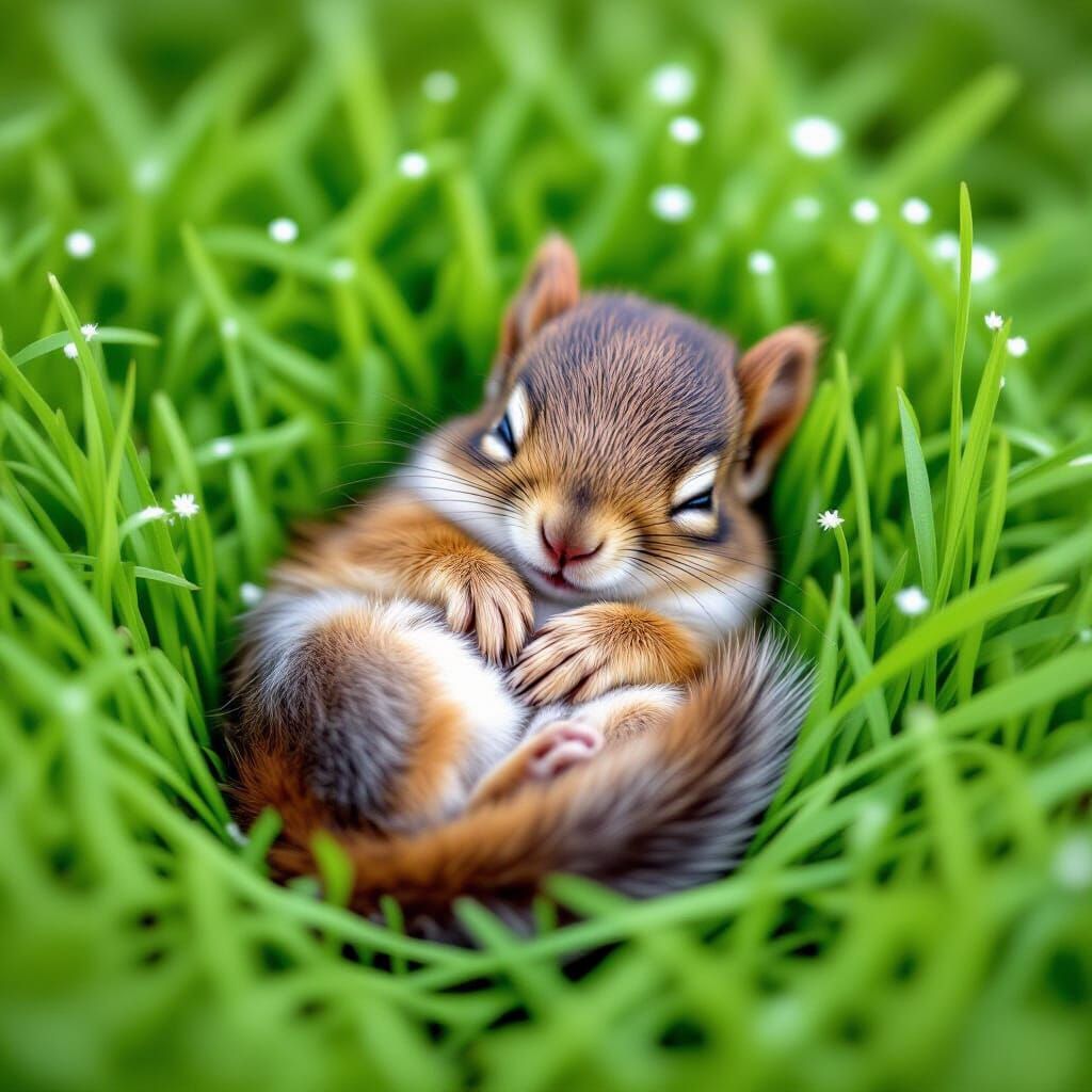 Adorable Baby Squirrel Sleeping in Lush Grass
