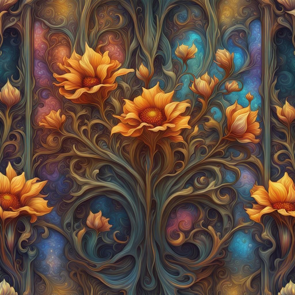 Metallic Art Nouveau Flowers in Expressionist Style