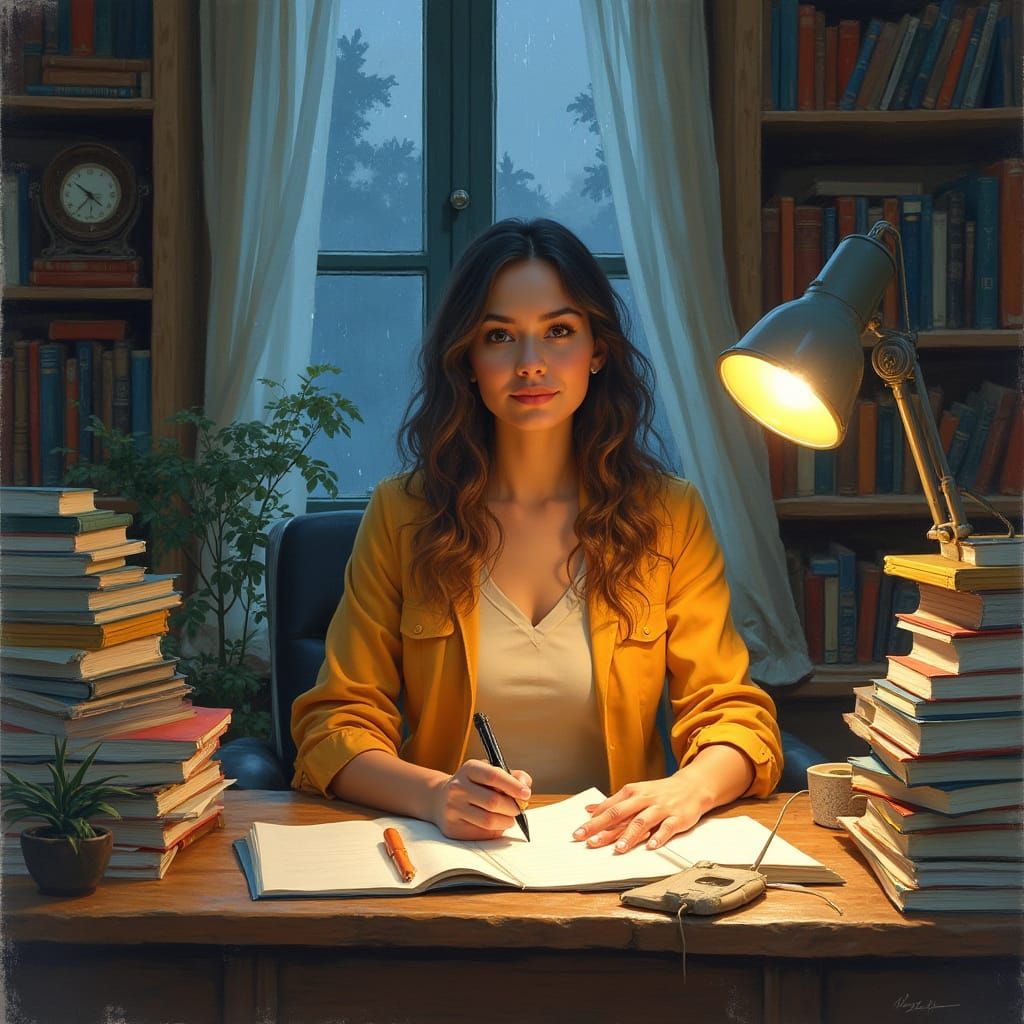 Determined Academic in Cozy Study Nook, Watercolor Realism