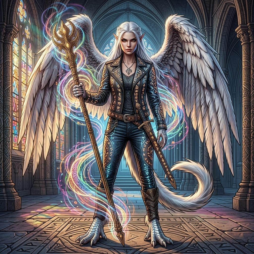 Powerful Sage with Golden Staff in Cathedral