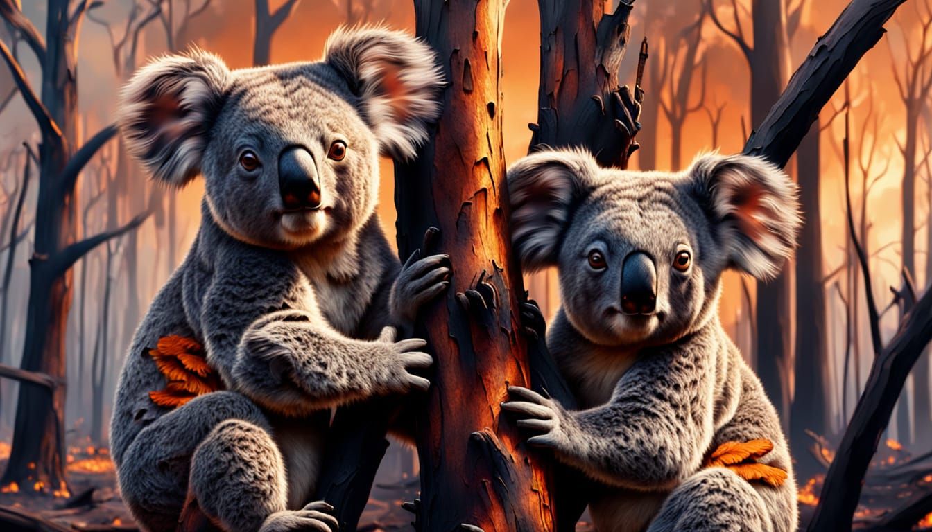 Koalas Struggle in Burned Forest: Digital Art