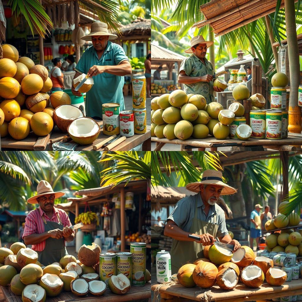 Tropical Market Scene with Coconuts, Luminist Style