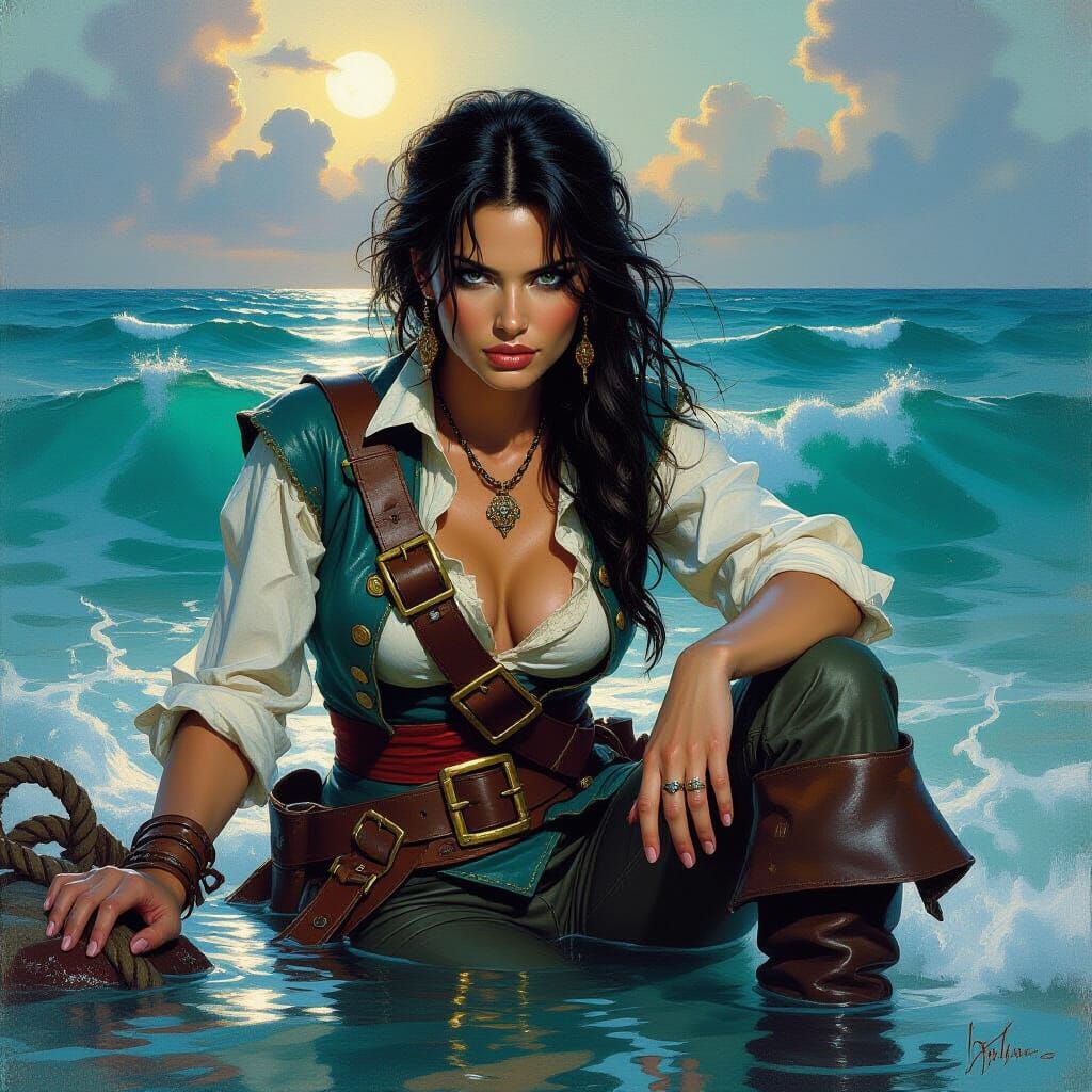 Exhausted Pirate Adrift: Fantasy Oil Painting