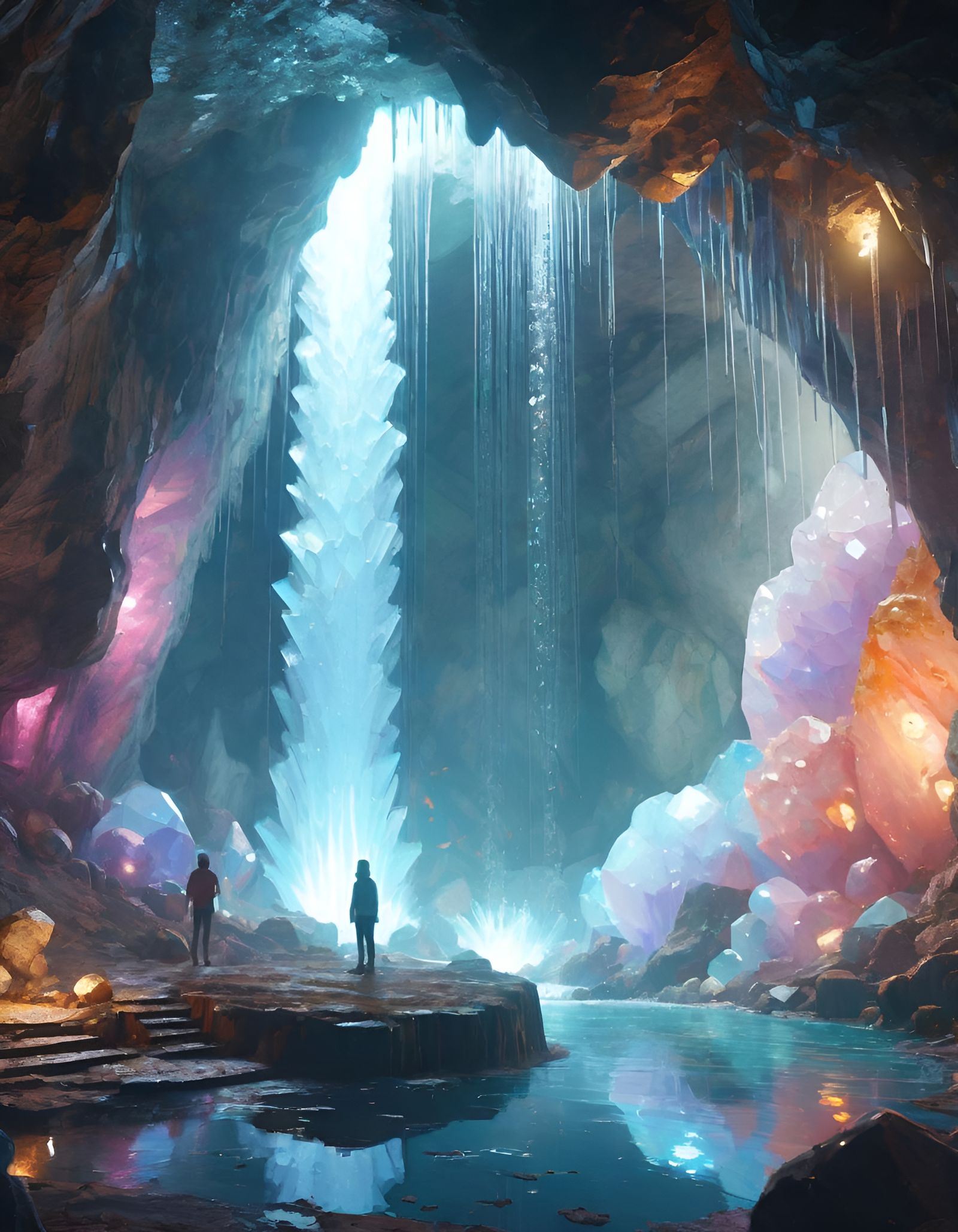 Geode Cave Waterfall with Diamonds, Hyperrealistic Art