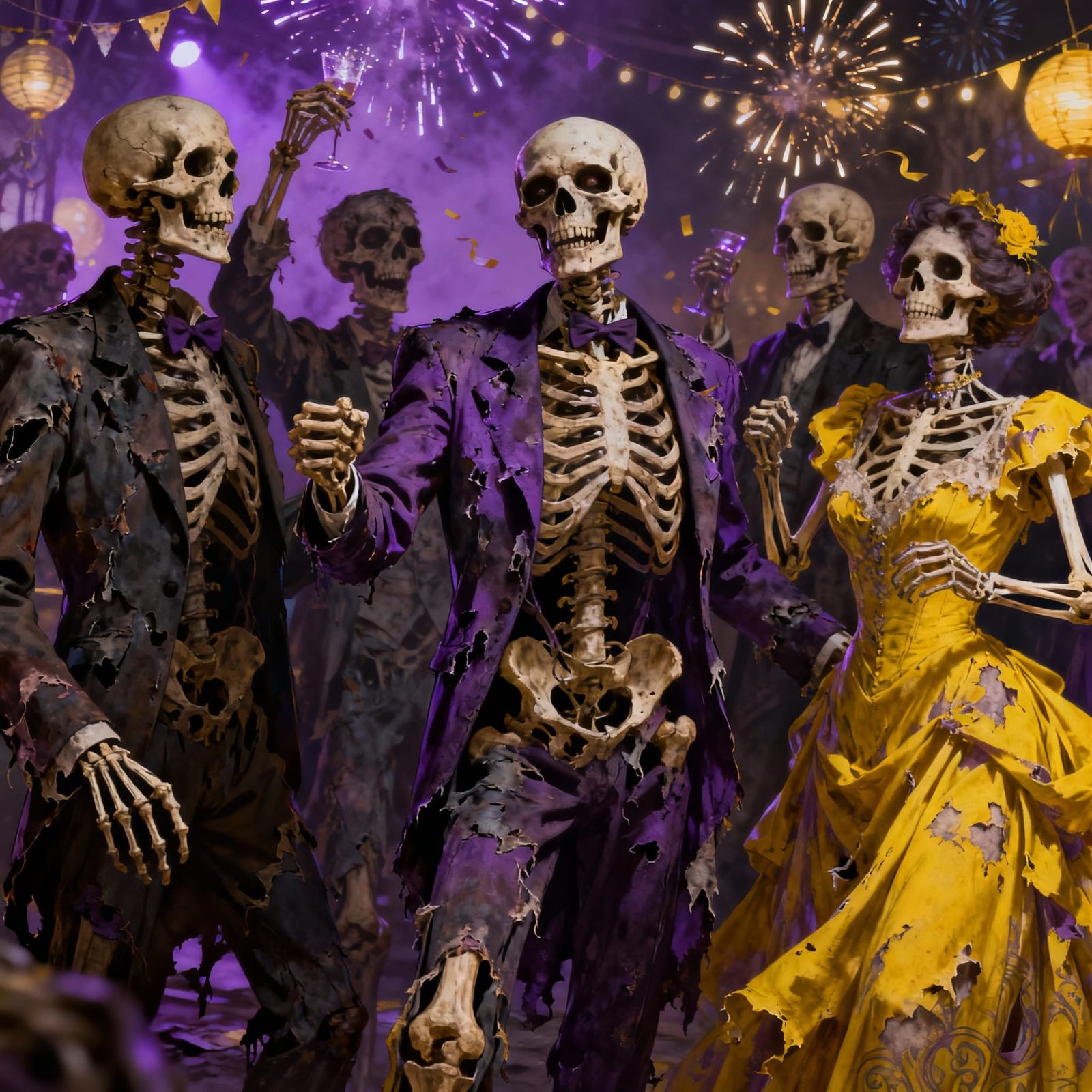 Skeletons Celebrate New Years Eve in Dark Fantasy Style