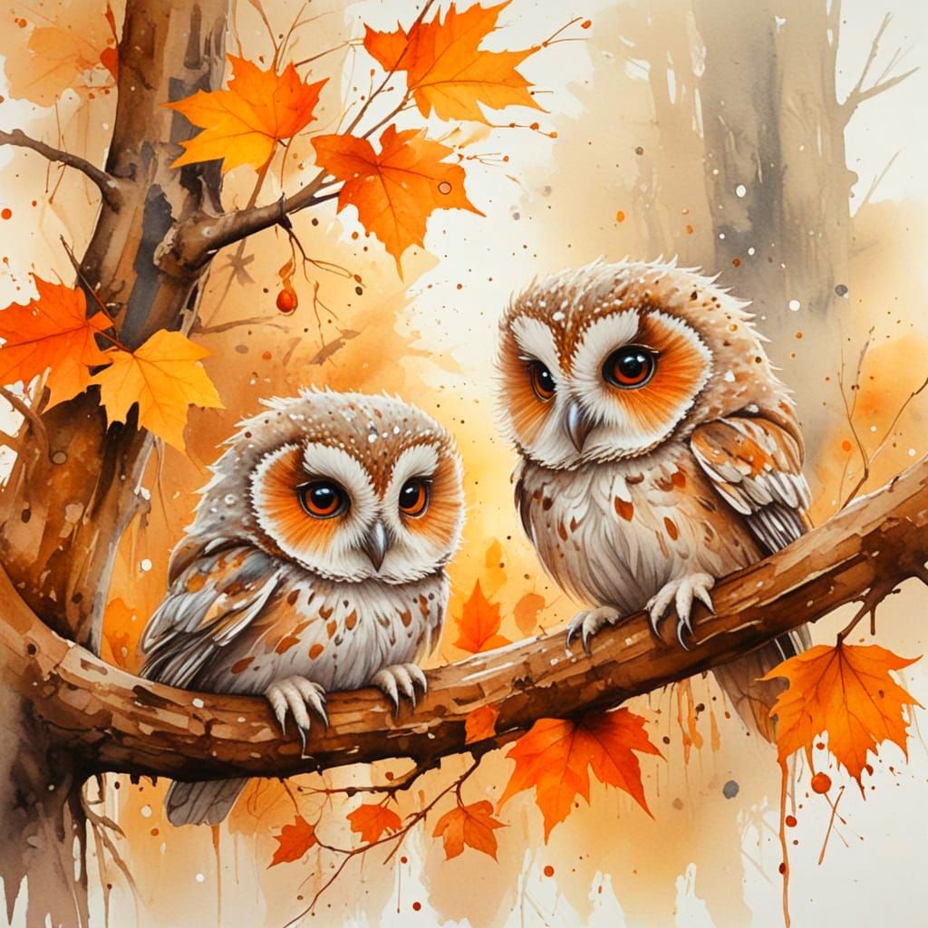Tiny Owlets Nesting on Tree Bark in Watercolour Style