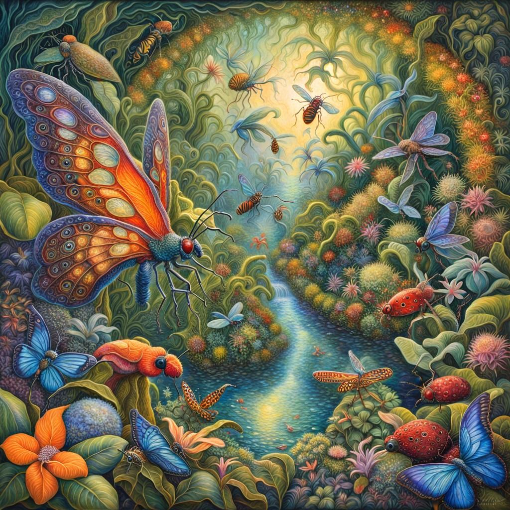 Whimsical Insects Frolicking in a Botanical Garden