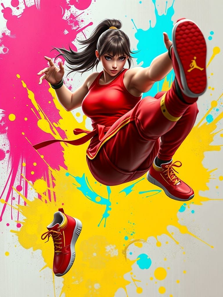 Dynamic Female Martial Artist in Mid-Air Kick