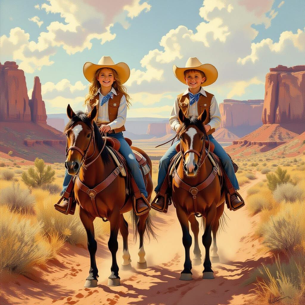 Cowboy Kids Ride Horses in Western Landscape Oil Painting