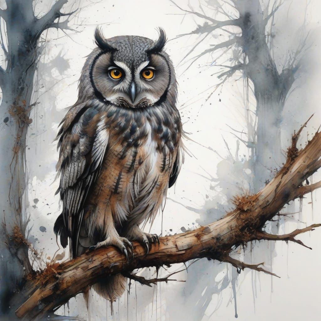 Dusky Owl in Winter Moonlight: Watercolor Art