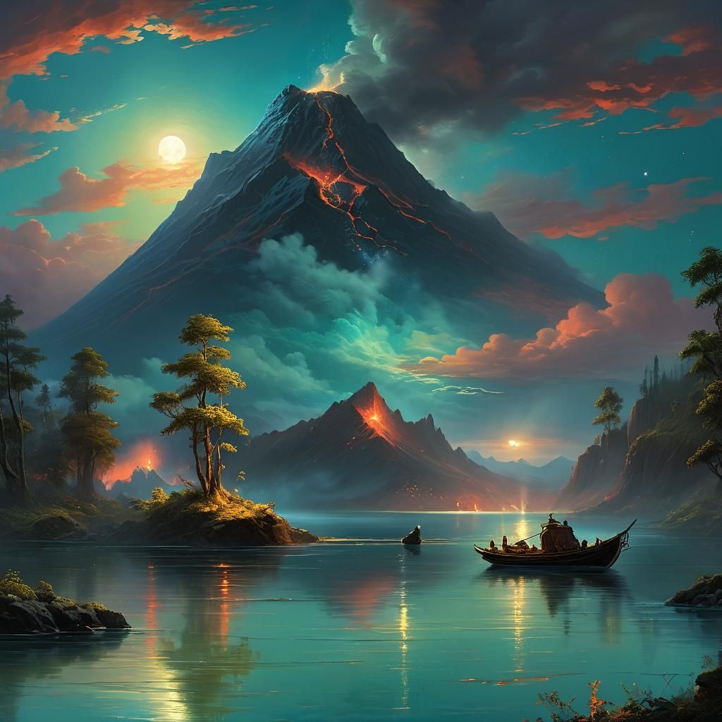 Volcano Under Turquoise Sky in Romantic Landscape Style