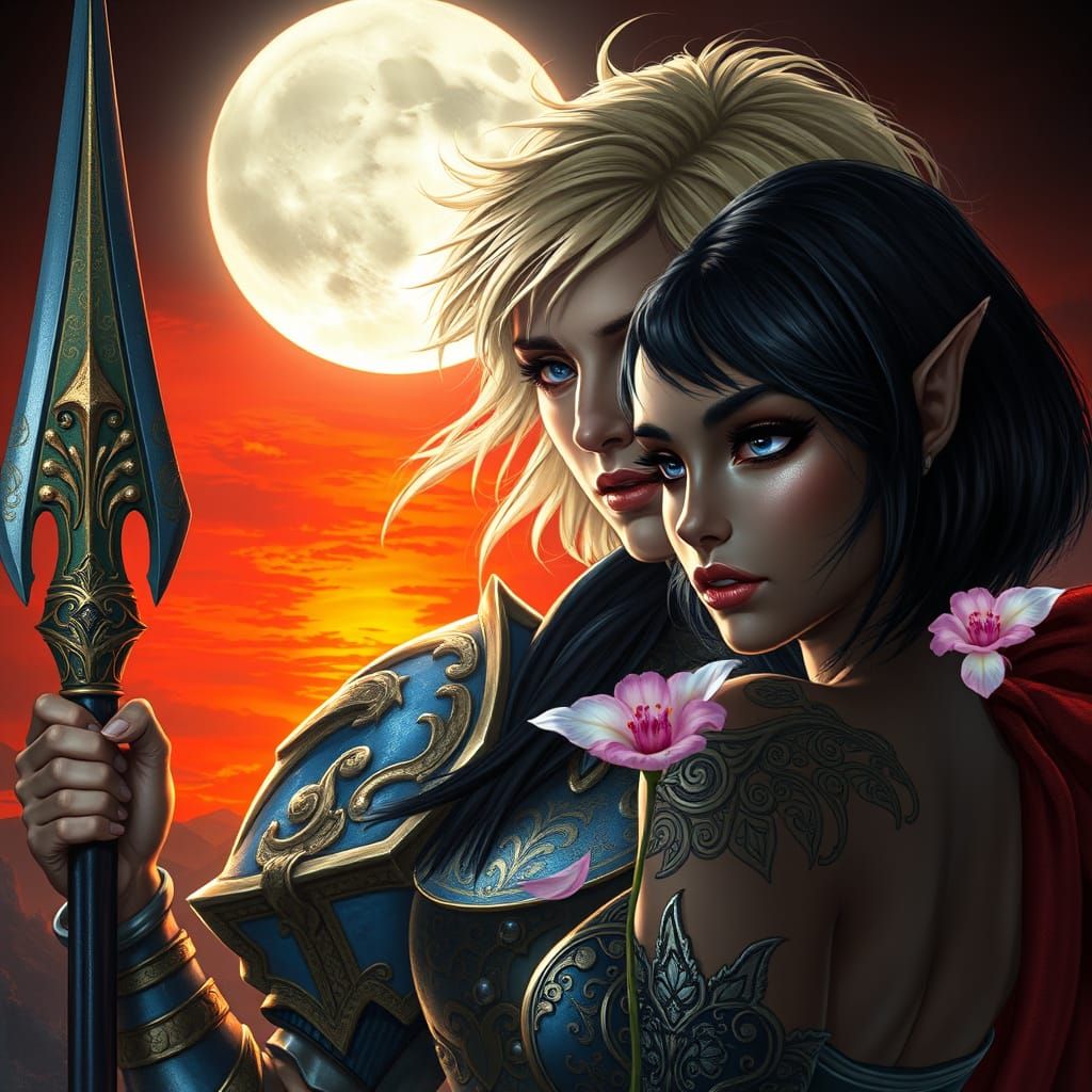 Radiant Blue Warrior Queen Under Full Moon