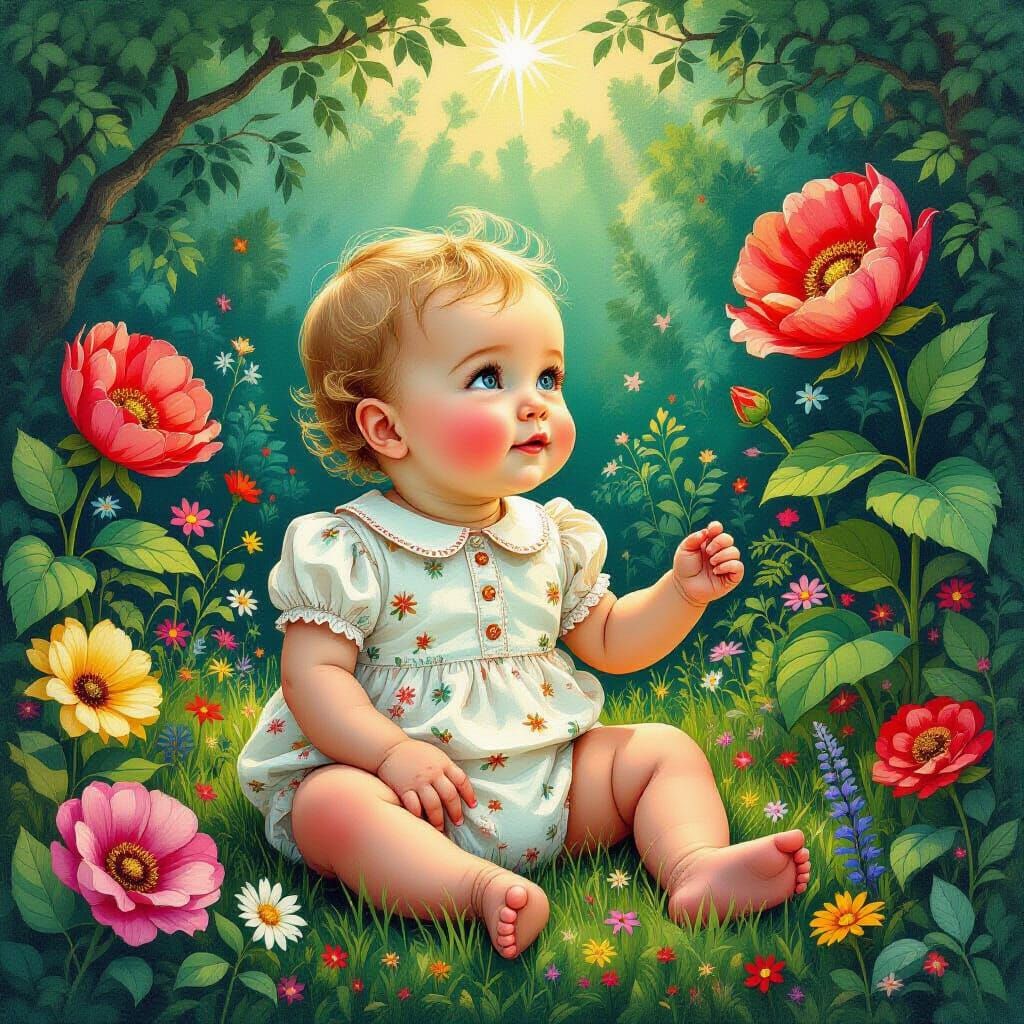 Whimsical Baby in Overgrown Garden, Maximalist Illustration