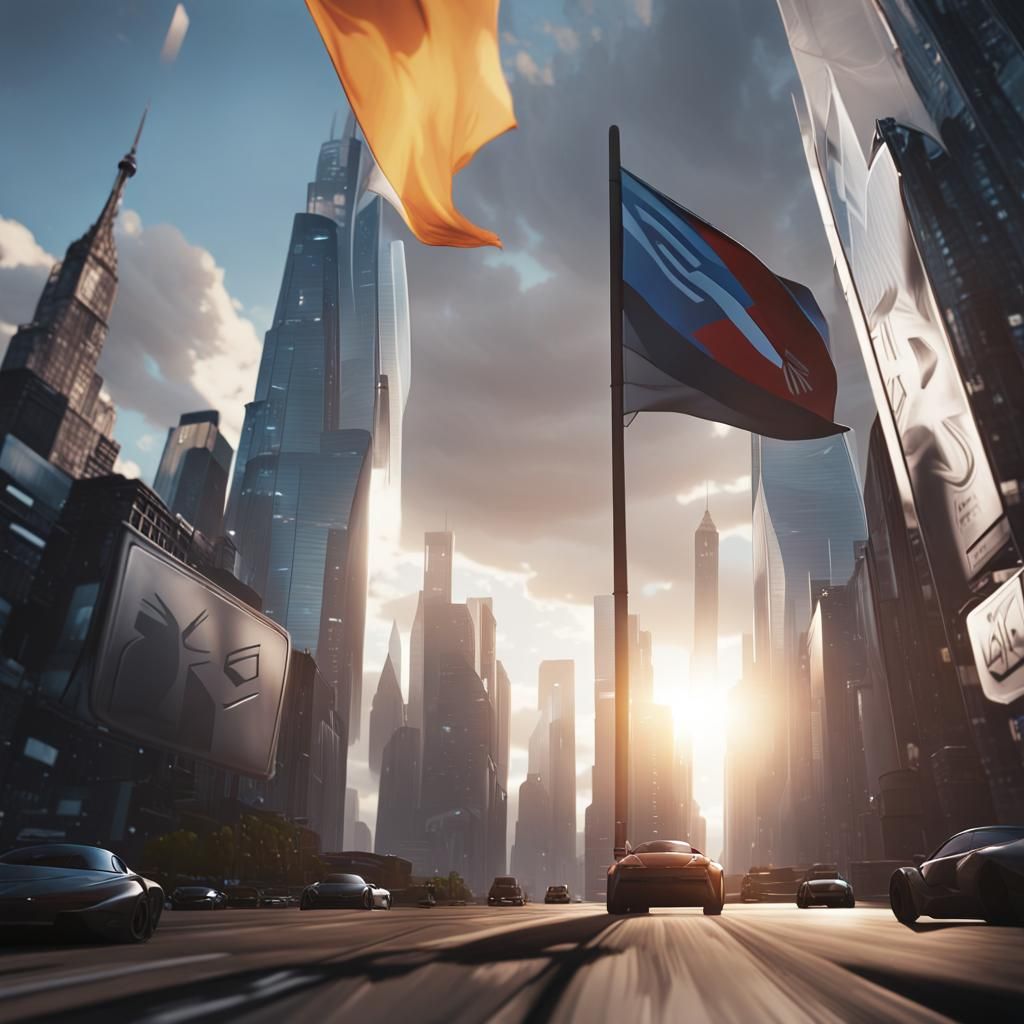 Futuristic Cityscape with Waving Flag