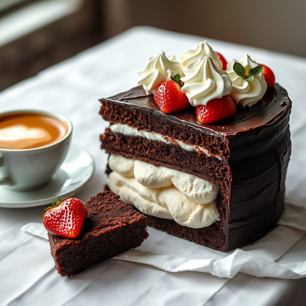 Decadent Chocolate Cake with Strawberries and Latte