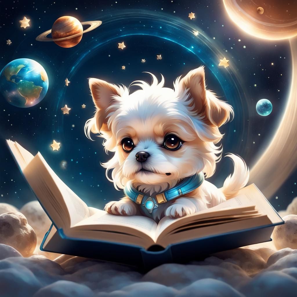 Chibi Dog Reads Book Among Celestial Wonders in Ethereal Blu...