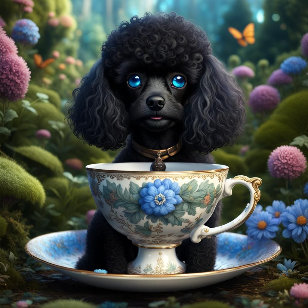 Black Poodle in Teacup in Enchanted Garden