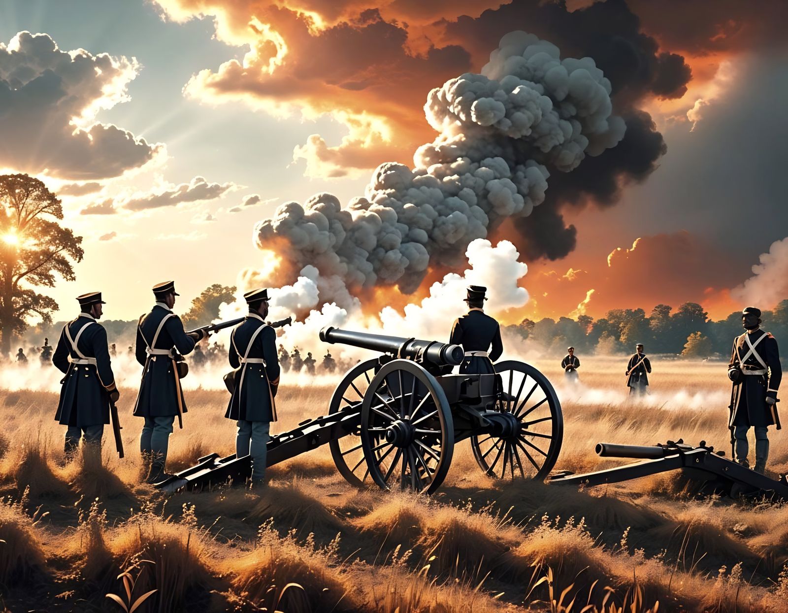 Civil War Soldiers Firing Cannon Under Dramatic Sky