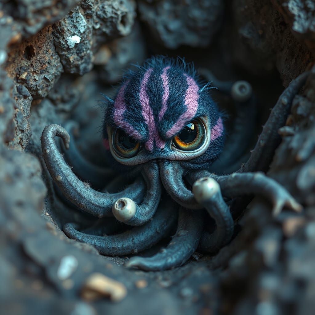 Creepy-Cute Fluffy Creature with Neon Stripes and Tentacles