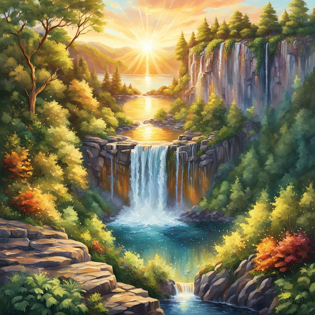 Majestic Waterfall Sunset in Golden Hour Oil Painting Style