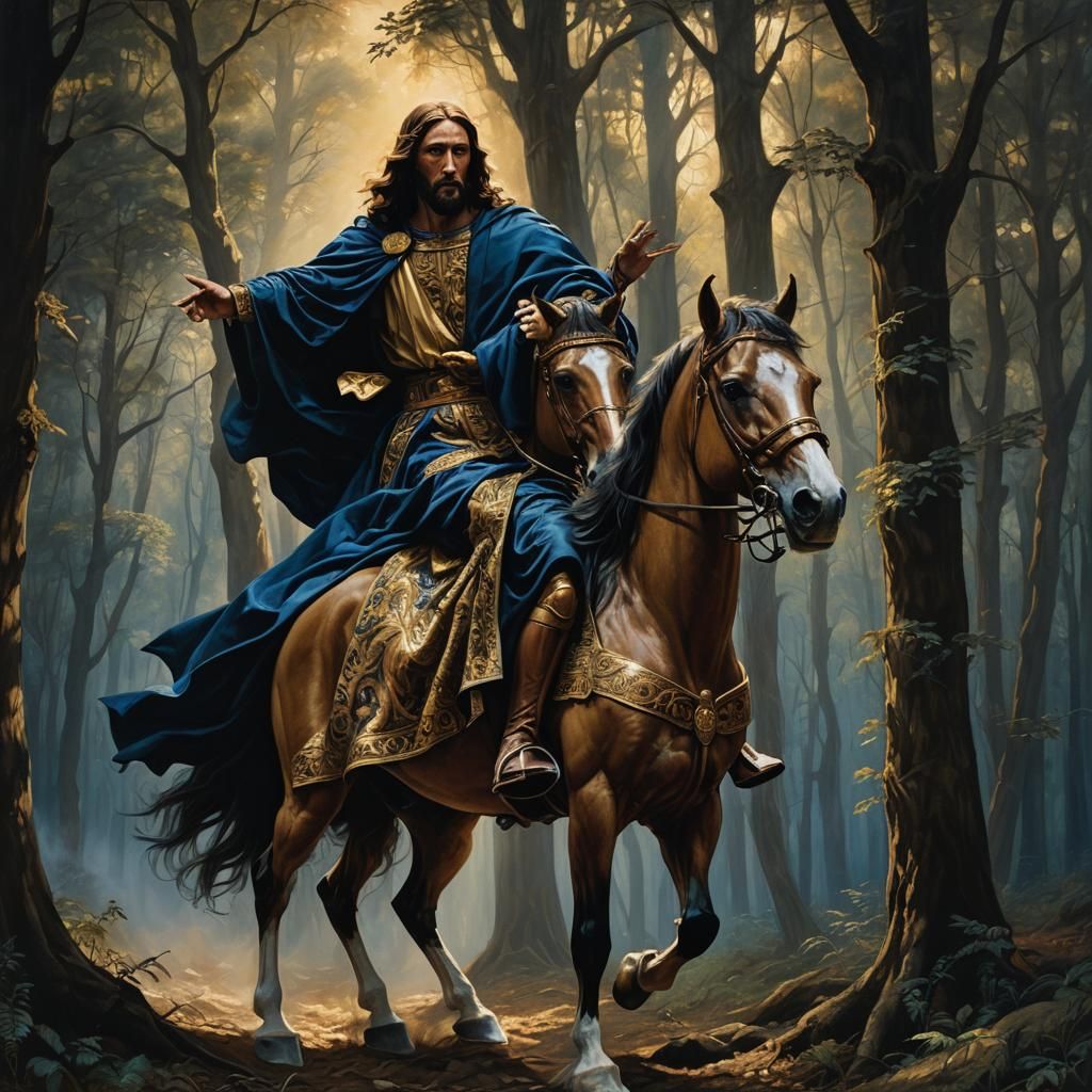 Jesus Rides Through Forest in Dramatic Chiaroscuro