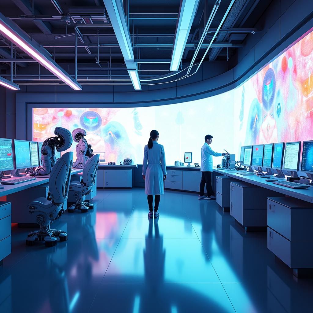 Futuristic Neon Laboratory with Robotic Assistants