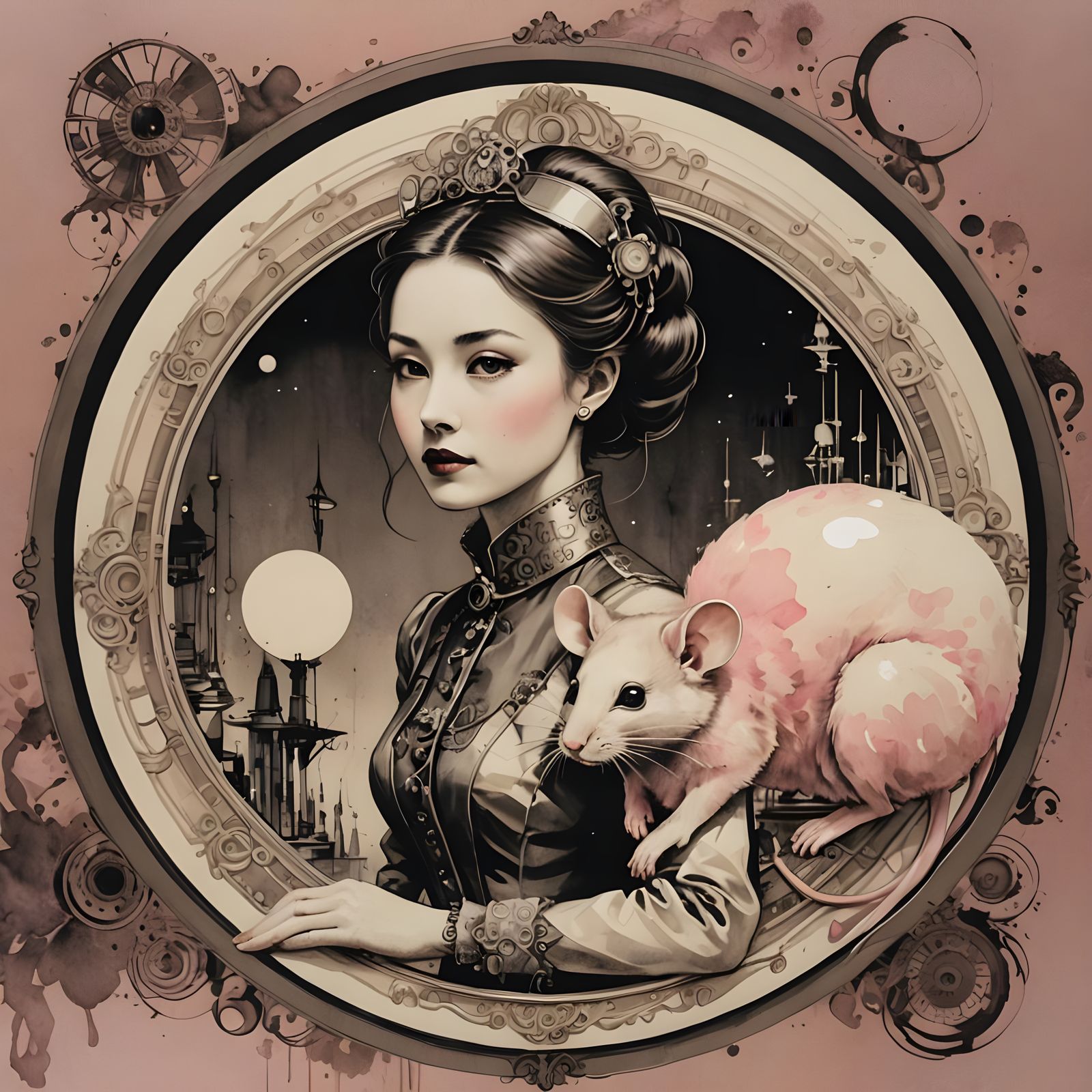 Mouse Lady in Victorian Sumi-e Style