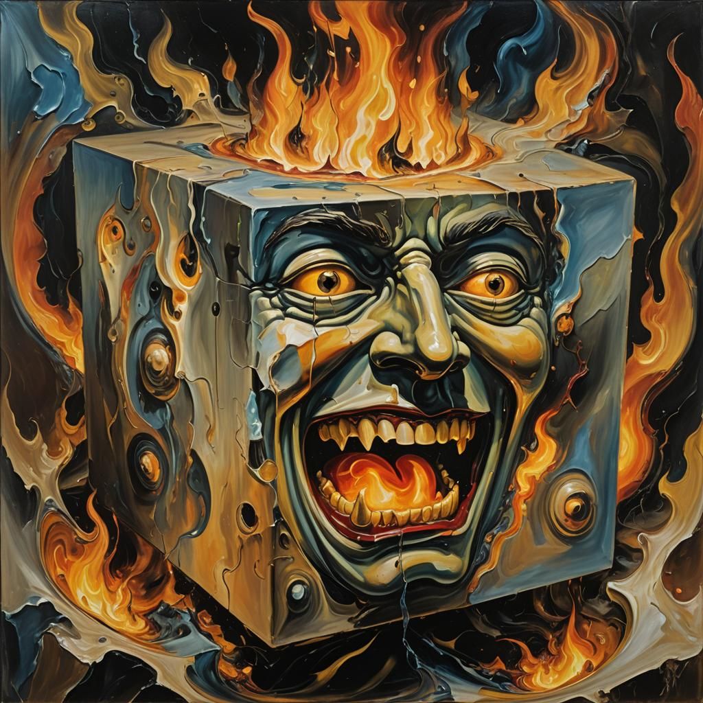 Hellish Cube: A Surreal Oil Painting