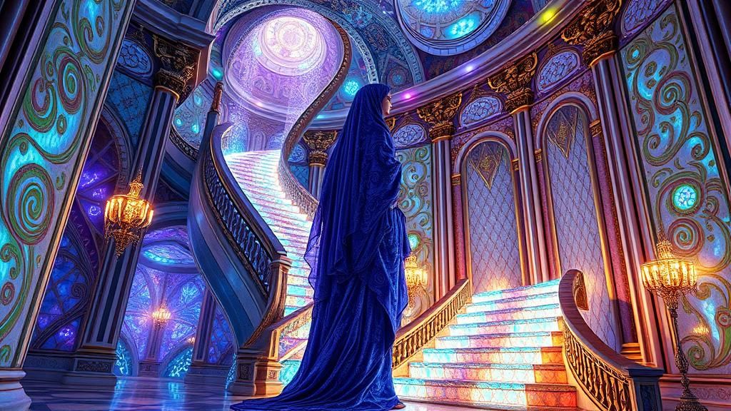 Dazzling Humanoid Figure in Iridescent Chamber