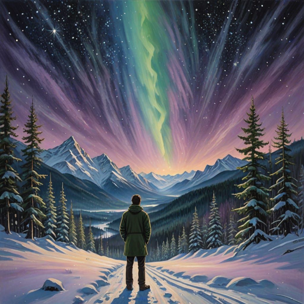 Man Gazes at North Star in Snowy Forest
