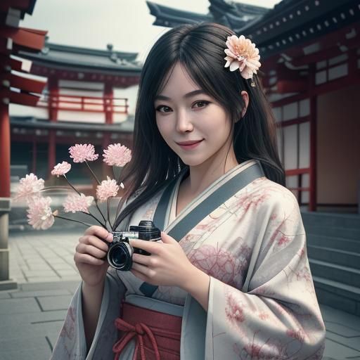 Hyperrealistic Japanese Woman Portrait with Temple Backdrop
