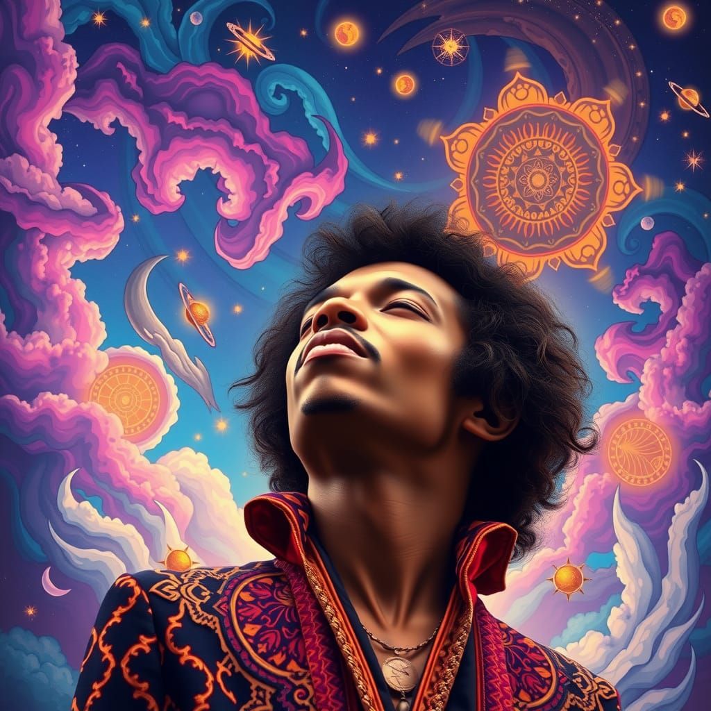 Jimi Hendrix Portrait in Psychedelic Sky, Digital Art
