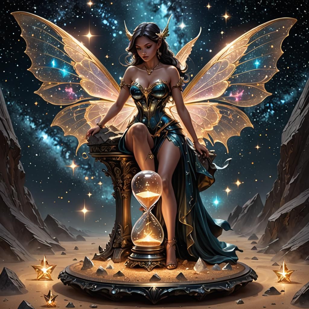 Demonic Fairy Inspects Crystal Hourglass: 3D Render
