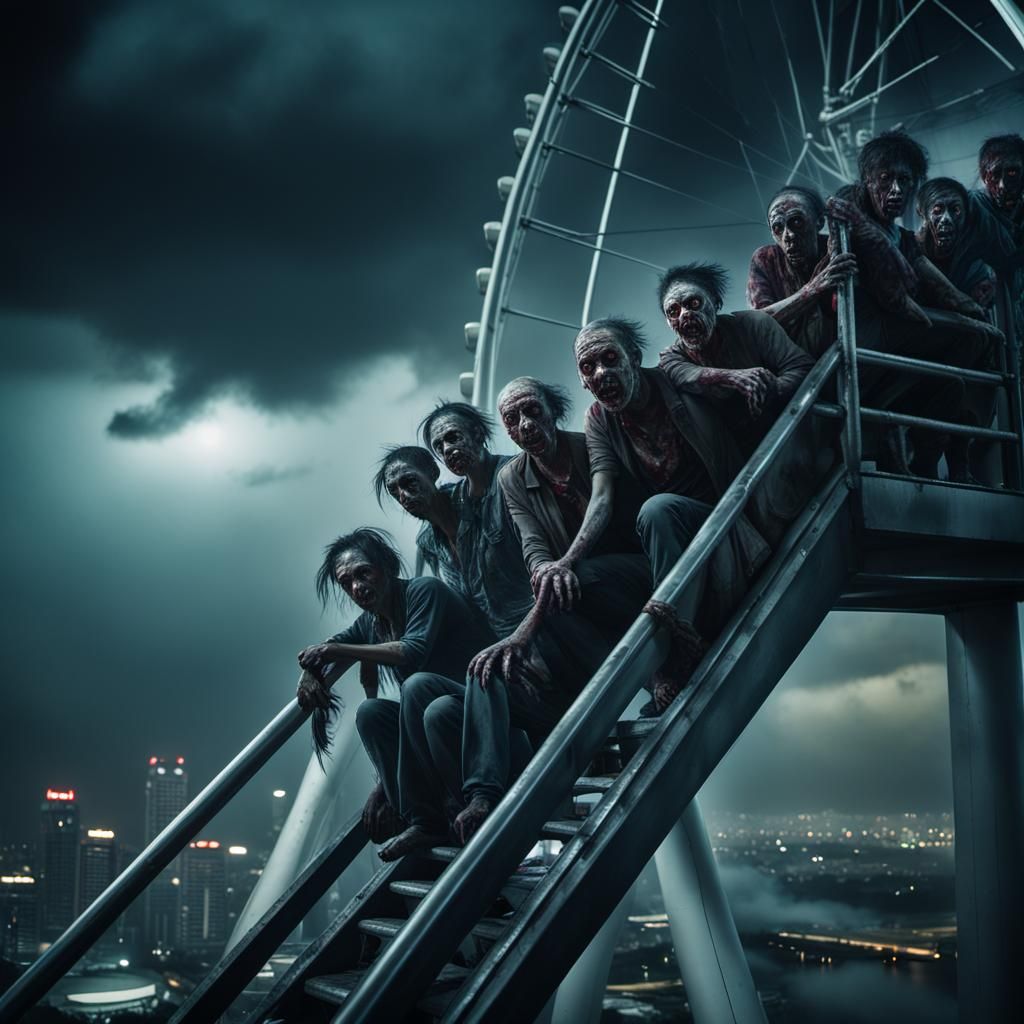 Zombies Climb Singapore Flyer: Hyperrealistic Cinematic Stil...